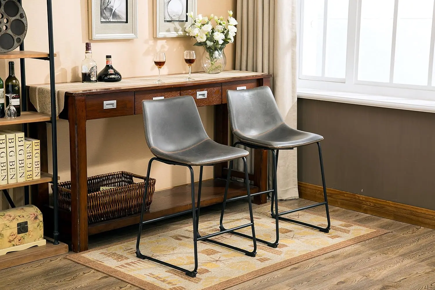 Roundhill Furniture Lotusville Vintage PU Leather Counter Height Stools, Antique Gray, Set of 2