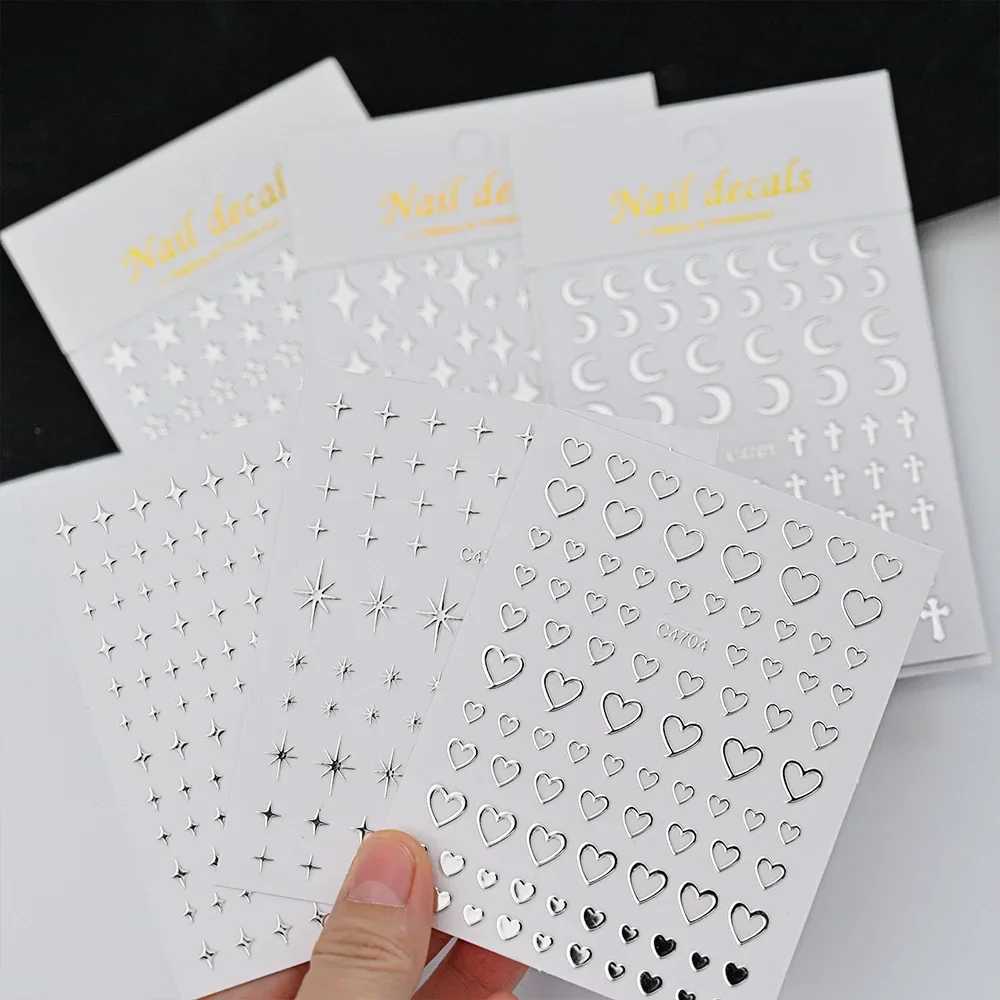 Metallic Silver 3D Star Chain Heart Nail Stickers 6 Sheets Self Adhesive Decals Professional Salon DIY Gel Nail Art Supply image 5