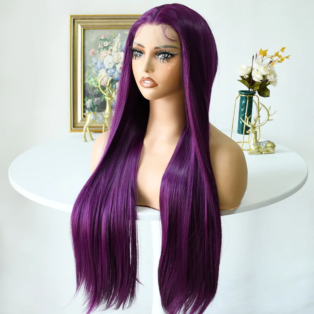 الاصطناعية الدانتيل شعر مستعار أمامي طويل مستقيم الأرجواني الداكن الدانتيل الجبهة شعر مستعار اصطناعي قبل قطعها شعري طبيعي غلويليس مقاومة للحرارة