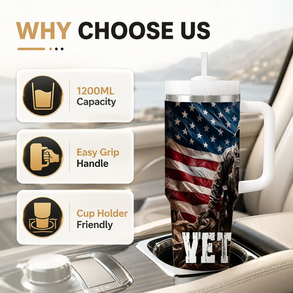 Veteran Eagle Gift Tumbler for Men Vacuum Flasks 40oz Leakproof Steel Tumbler w/ Lid Straw Handle Hot Cold Drinks