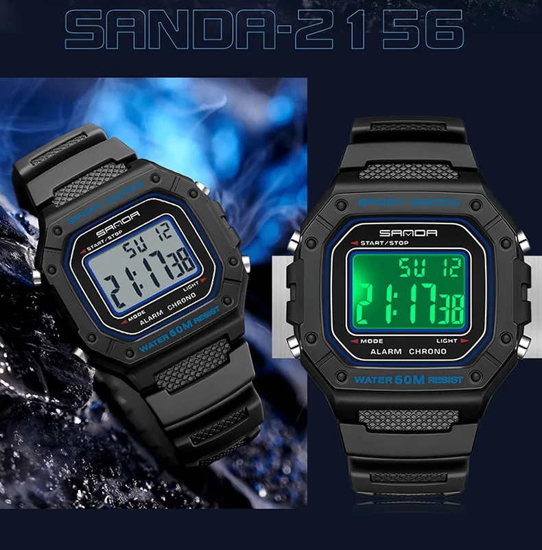 SANDA 2156 Men Watch New Model Electronic Digital Movement Rectangle Led Display Dial Outdoor Sports Watertight Male Wrist Watch