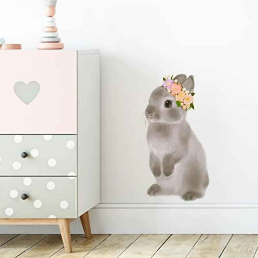 

Gray Rabbit with Flowers Wall Decal Nursery Bunny Animal Wall Sticker Removable Peel and Stick Waterproof Wall Art Decor Sticke