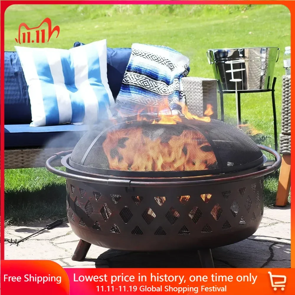 Wood-Burning Fire Pit - Includes Spark Screen, Fireplace Poker, and Round Cover, Fireplaces for Bonfire Picnic, Outdoor Heaters