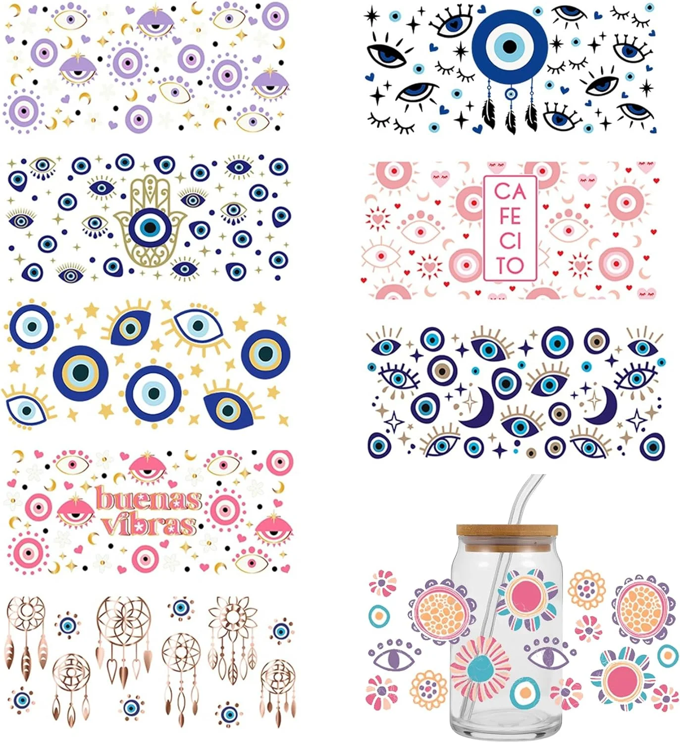 

17 Sheets Evil Eyes UV DTF Wraps for 16 OZ Glass, Boho, Hand, Dreamcatcher, Moon Design Rub On Transfer,Gift for Friends