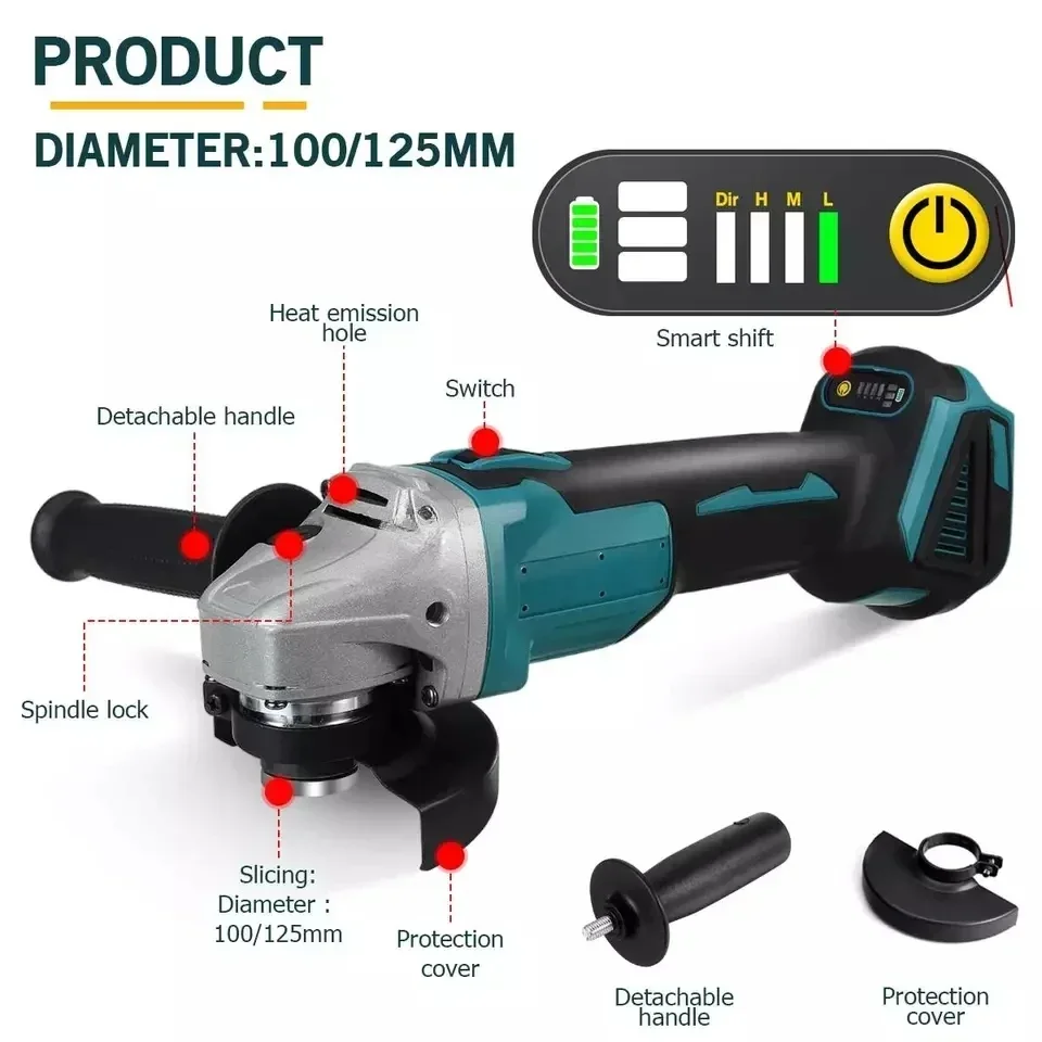 125mm Brushless Lithium Electric Angle Grinder Rechargeable Cutting Machine High Power Polishing Machine For Makita 18V Battery