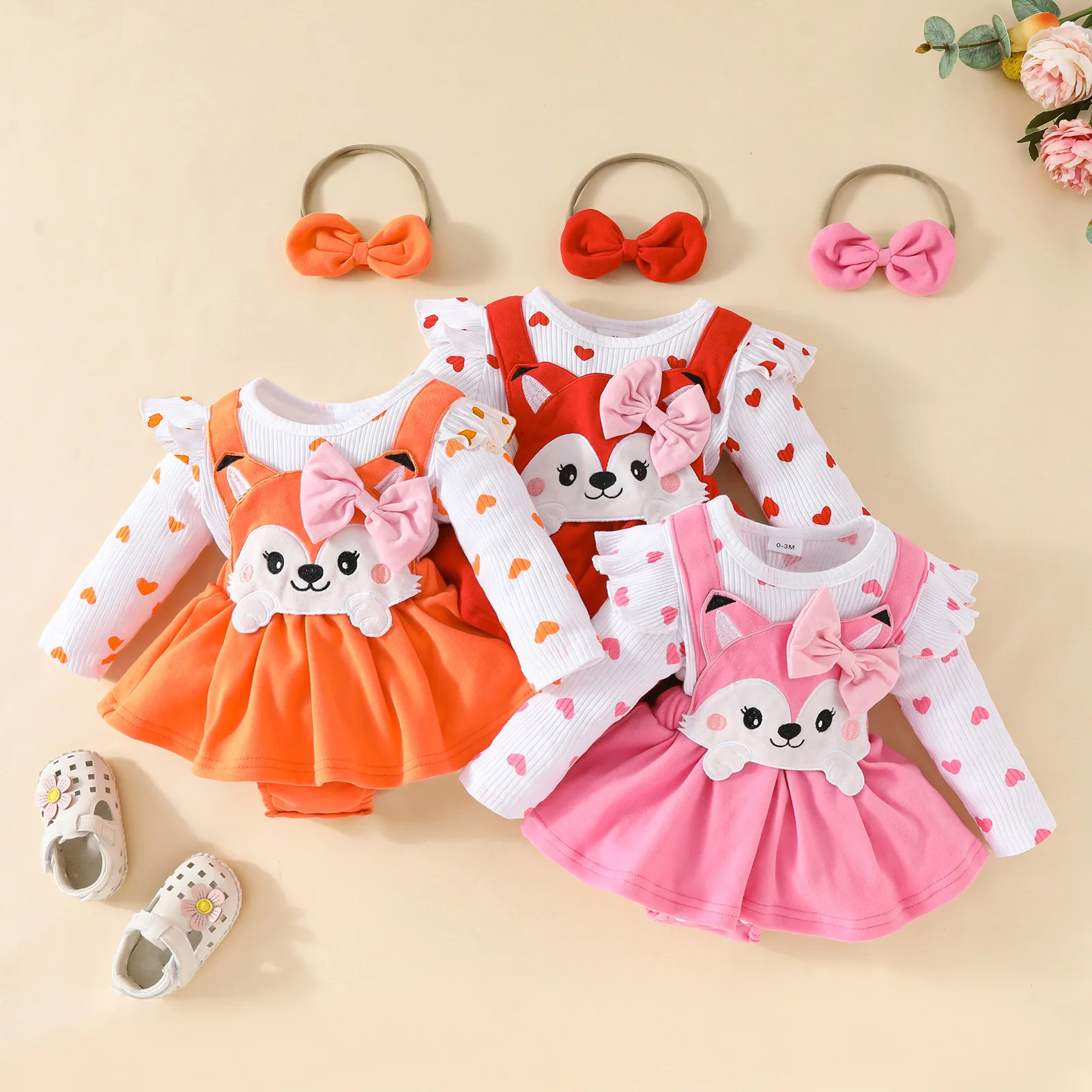 2024 Baby Bodysuit Cute Fox Applique Fake two pieces Suspender Dress with Headband Fleecing Infant Girl outfits