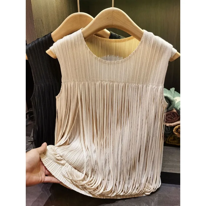 Miyake T-Shirt Plisse 2026 Summer New Pleated T-Shirt Comfortable Casual Fringe Design Fold Loose Sleeveless Vest High-End Top