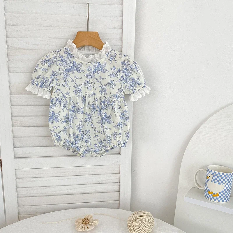 

New Baby Girls Rompers Newborn Kids Baby Girls Short Sleeve Sweet Blue Flower Princess Rompers Infant Baby Girls Rompers Clothes