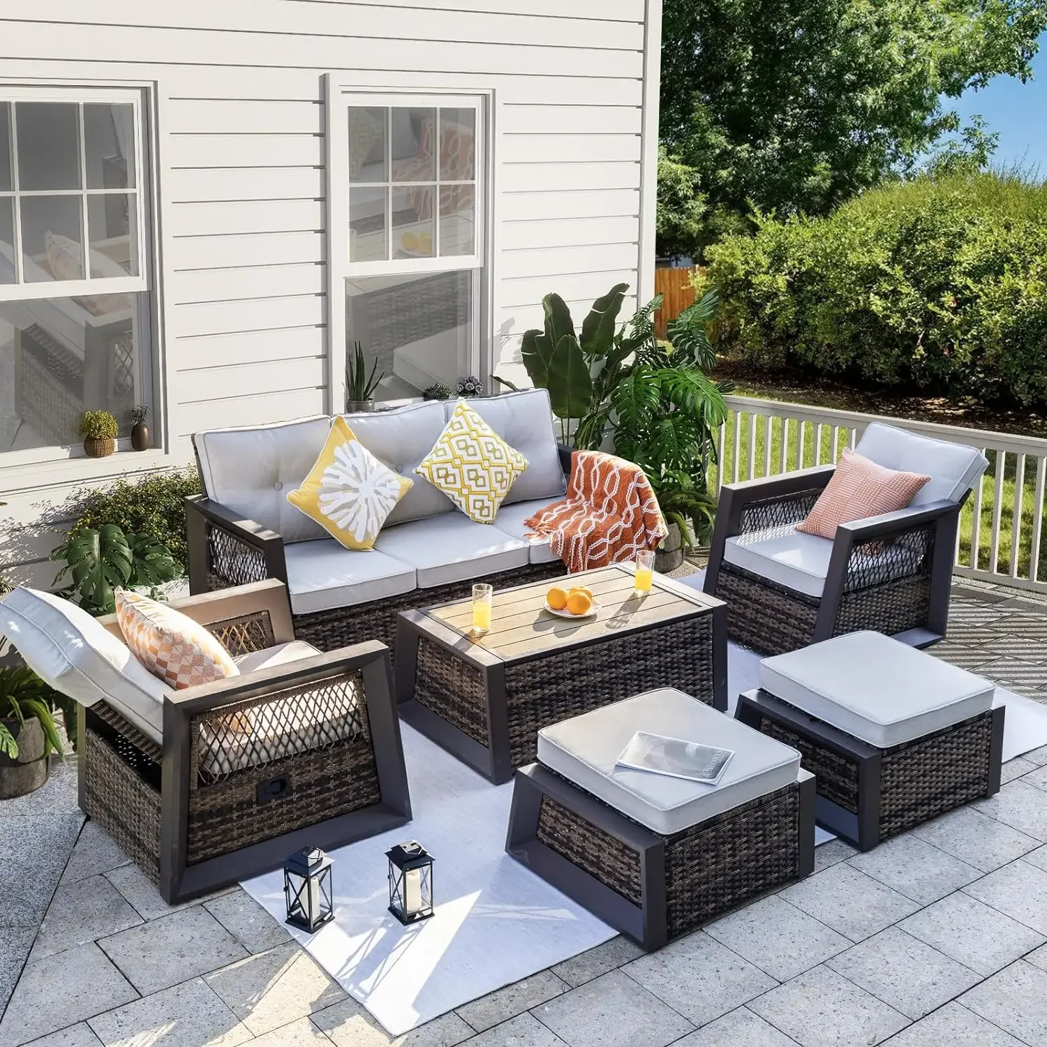 6 Pcs Outdoor Furniture Set, Patio Furniture with Aluminum Frame, Wicker Recliner Chairs with Ottomans, Modern Outdoor