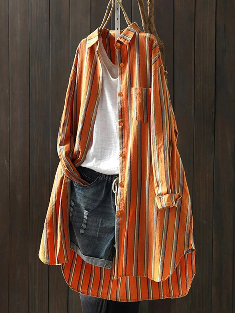 

Women Vintage Striped Long Shirt Blouse Casual Loose Button Down Tunic Top Oversized Long Sleeve Pocket Shirt Cardigan Spring Au