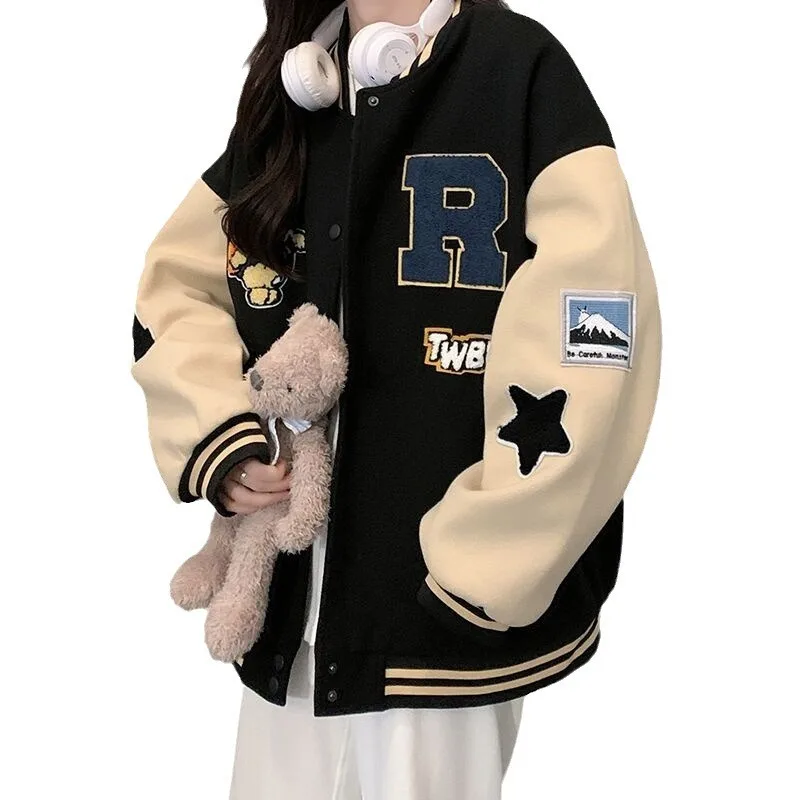 New Autumn and Winter Padded Baseball Jersey Women American Retro Loose Sweater Women Jacket