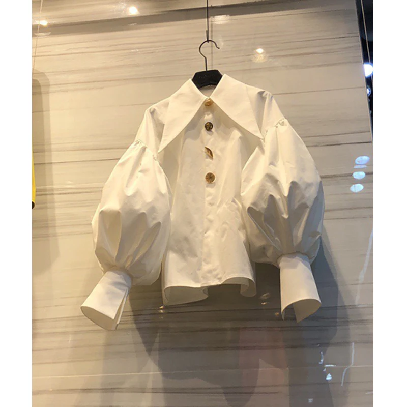 

Vintage Solid White Women Shirts Summer New Design Lantern Sleeved Turn-Down Collar Elegant Office Lady Outwear Tops