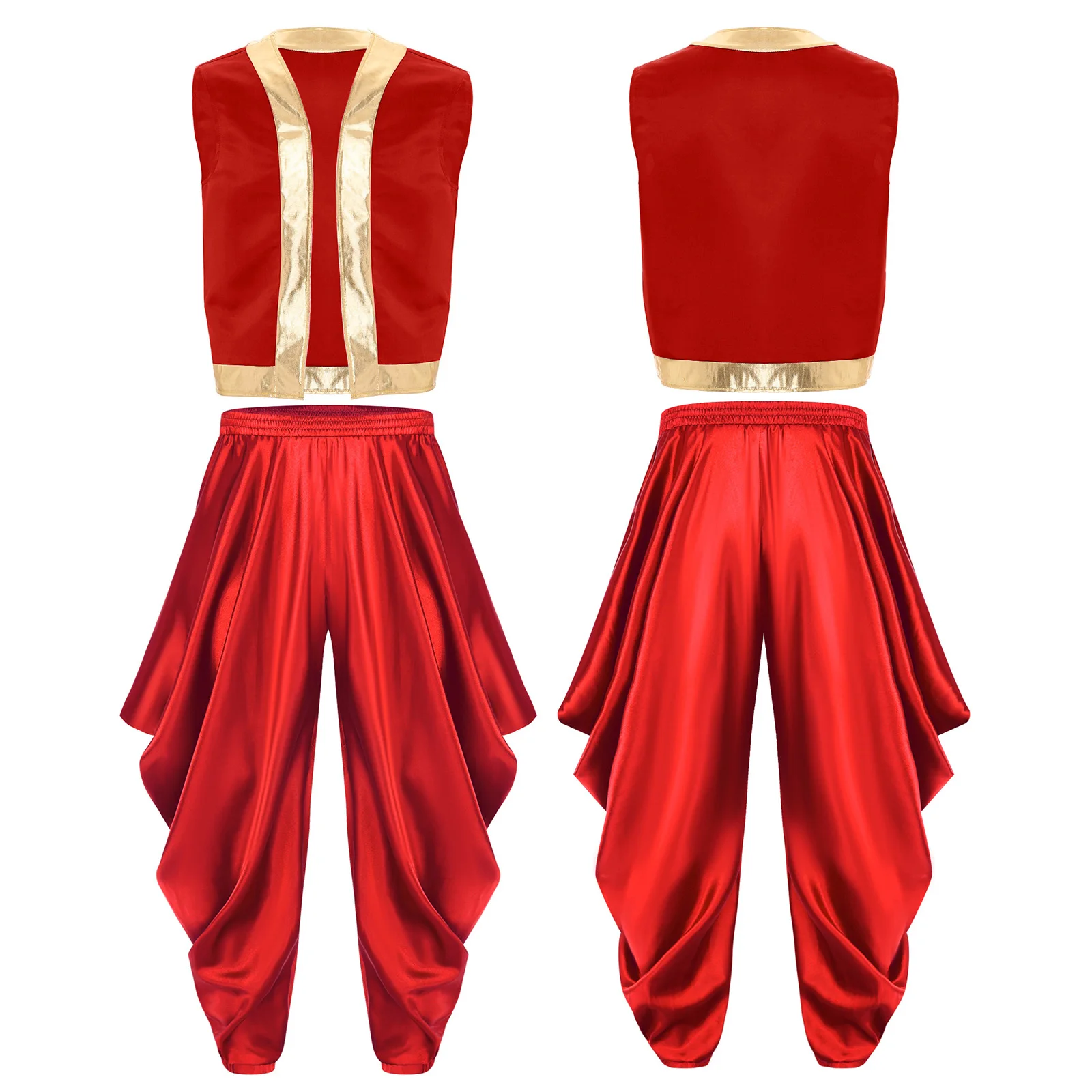 

Men Vintage Indian Middle-east Prince King Cosplay Costume Metallic Vest And Loose Harem Pants Suit for Carnival Halloween