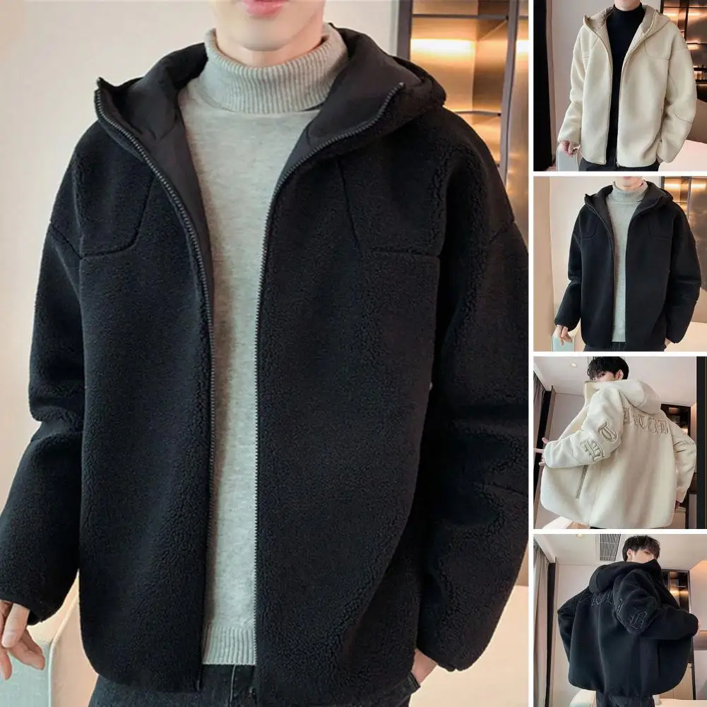 

Sporty Style Men Outerwear Men's Embroidered Hooded Winter Jacket with Fleece Lining Zipper Closure Stylish Outwear for Cold