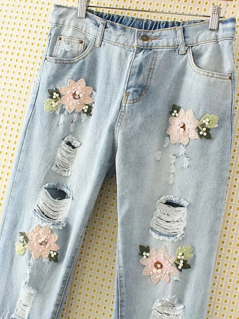 Summer plus Size Women's Jeans Handmade Loose Floral Embroidery Extra Large Pants Harlan Style Nine Points Korean Version