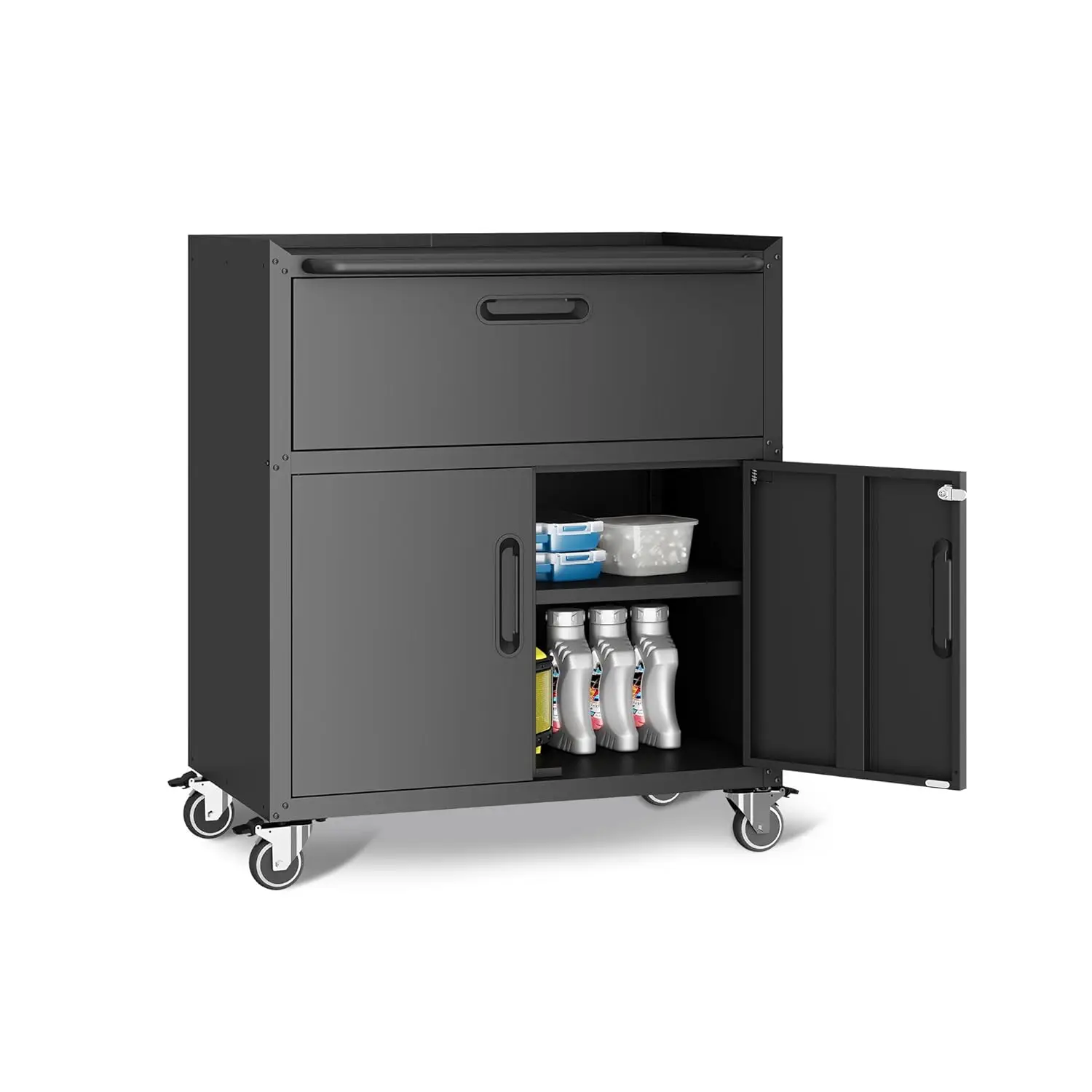 

Metal Garage Storage Cabinet with Wheels,Black Lockable Rolling Tool Cabinet with Drawer and Adjustable, Customized