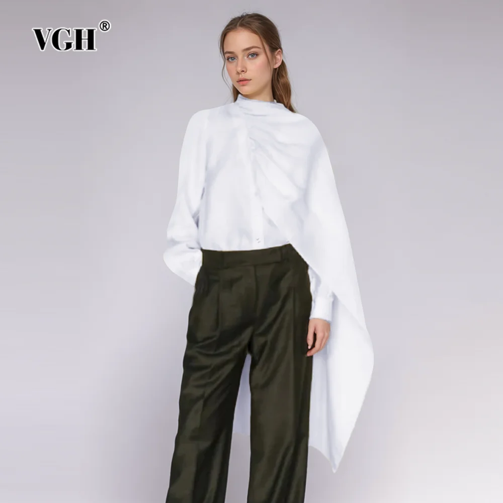 VGH Solid Minimalist Blouses For Women Scarf Collar Long Sleeve Patchwork Single Breasted Loose Casual Shirts Female Fashion New