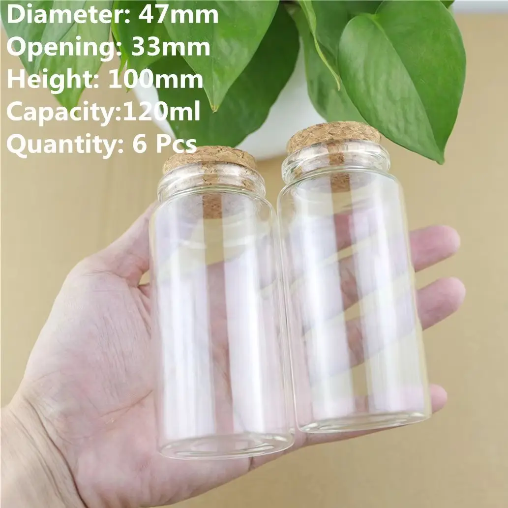 

6 Pieces 47*100mm 120ml Glass Bottles Cork Stopper Test tube transparent Storage Jar Containers candy Glass Jars Vials DIY Craft