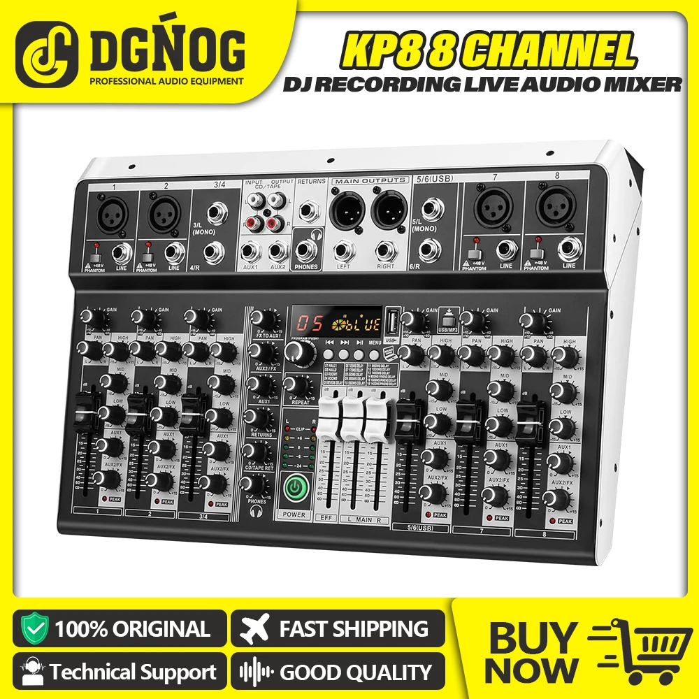 DJ Mixer 8 Channel Audio Mixer Bluetooth USB Audio Interface 48V Phantom Power 99 DSP FX Reverb Delay Effect for KTV Party DGNOG