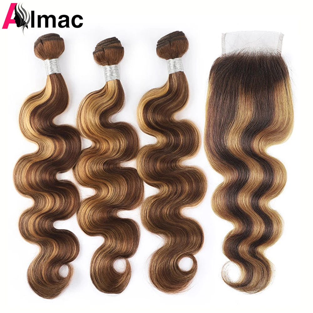 Destaque a onda do corpo Pacotes de cabelo humano, fechamento do laço HD, extensões de cabelo Remy pré-arrancadas, peruanas, P4/27, 220g por conjunto, 4x4, 3