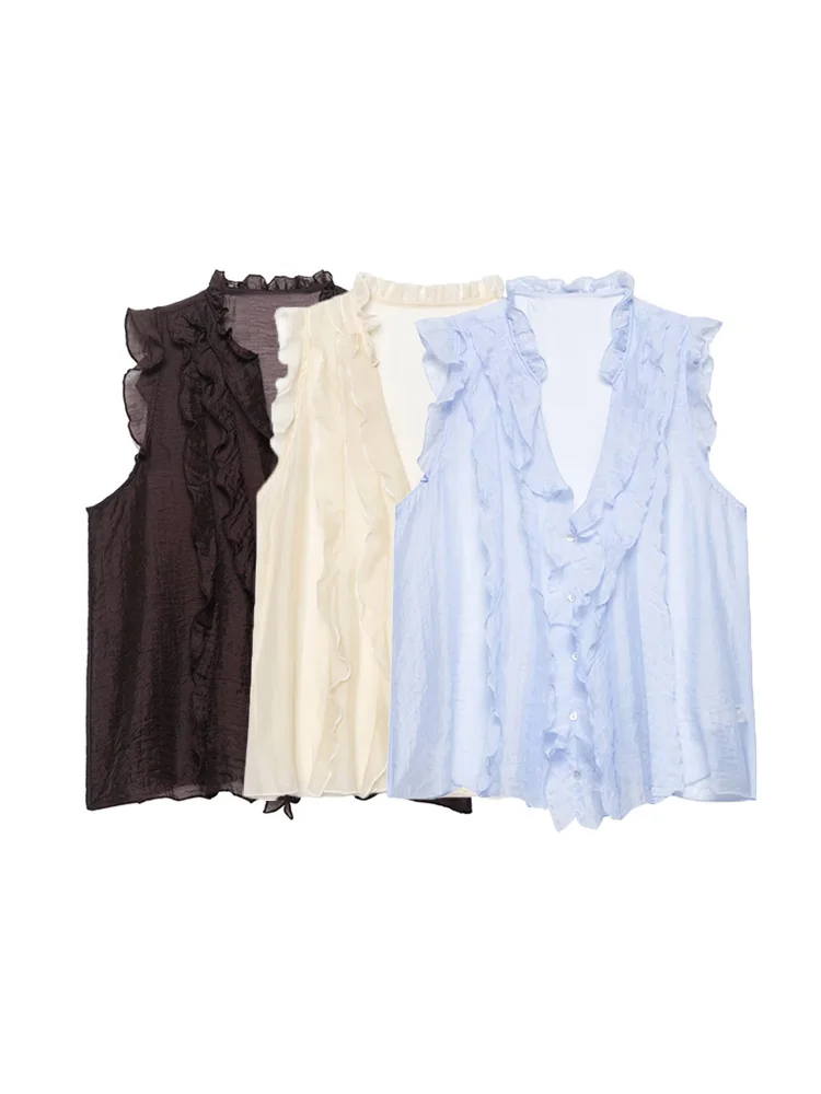 

Women's V-neck Sleeveless Button-up Ruffled Blouse Semi-sheer Fashion Top for Ladies