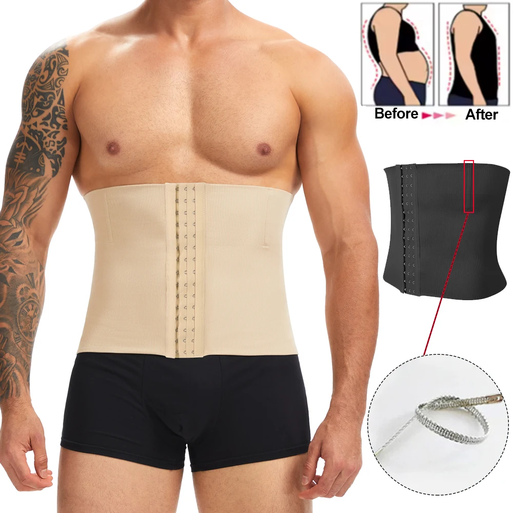 

Мужской корсет для тренировки талии, 3 ряда крючков, двухслойный пояс для управления животом, 6 стальных костей, пояс для коррекции фигуры, новинка