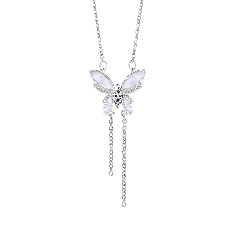 925 Sterling Silver Jewelry Luxury Crystal Butterfly Long Tassel Pendant Necklace for Women Homme Luxury Wedding Party Gift