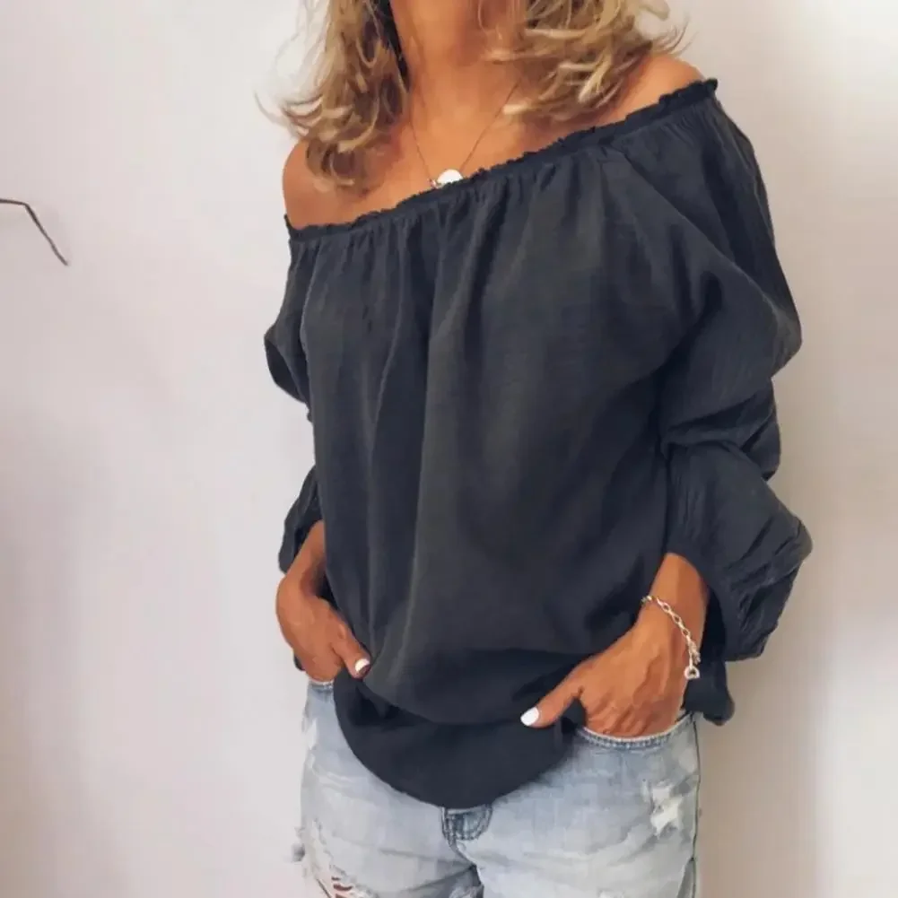 

Blouses Women Solid Casual Off Shoulder Blouse Shirt Tops Plus Size Blouse Women One Neckline Pleated Elastic Lady's Shirt