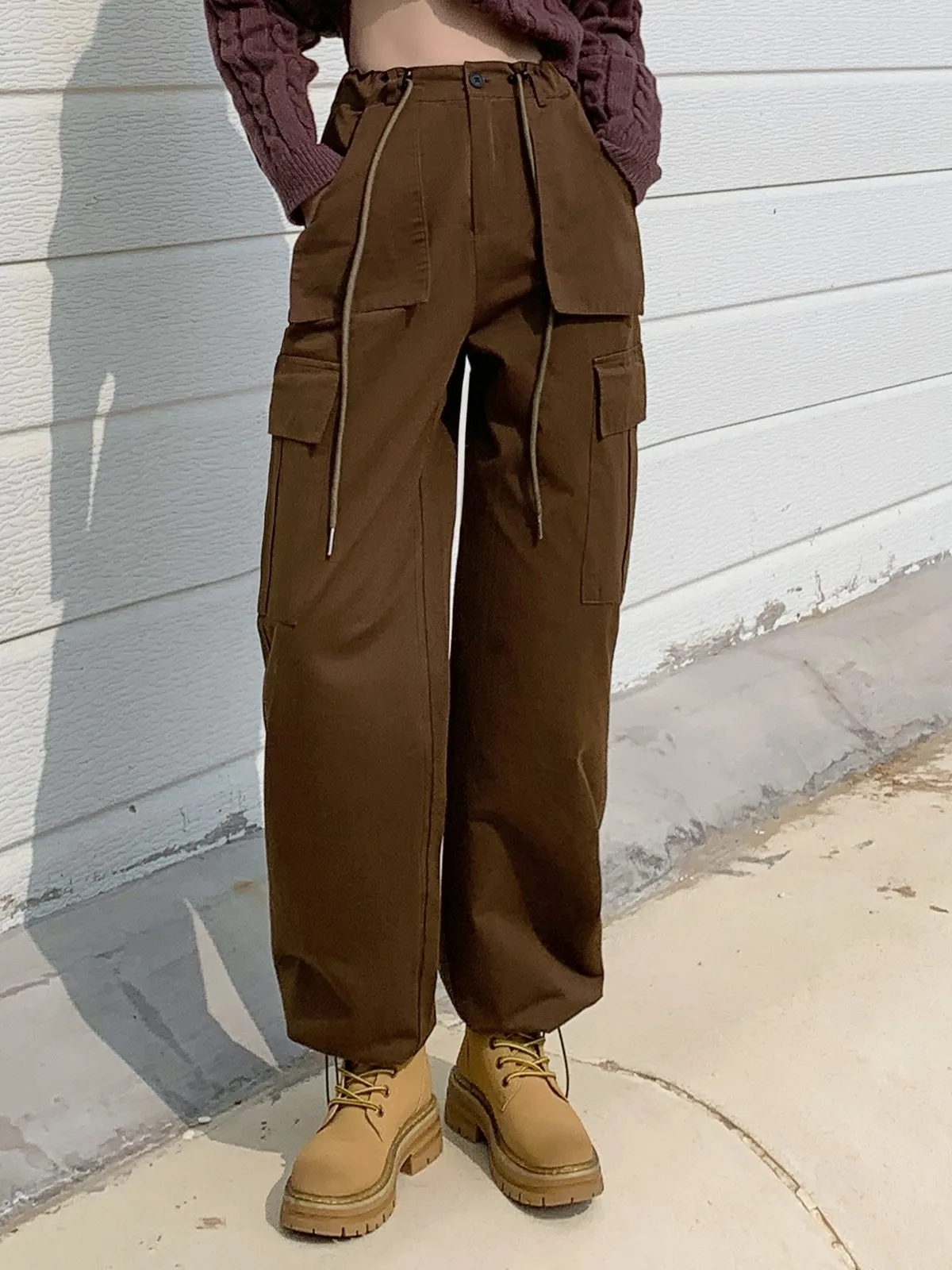 

ZHISILAO Drawstring Cargo Pants Women Vintage Y2K Pocket Wide Leg Trousers Autumn 2024