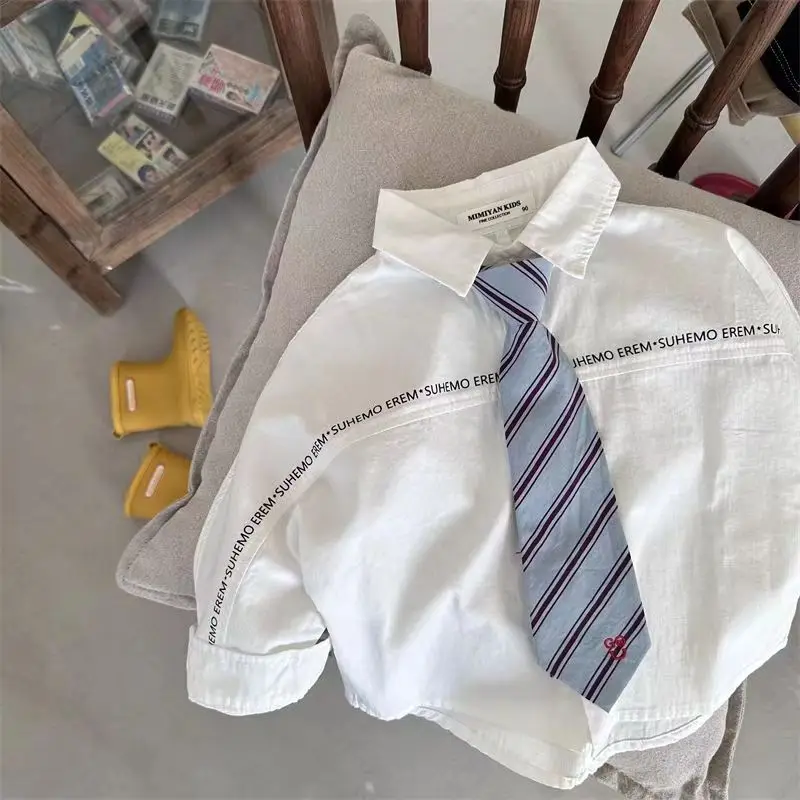 Children\'s Shirts 2023 Spring And Autumn New Boys And Girls Letter Tie Long Sleeve Baby Academy Style Simple White Shirt Trend