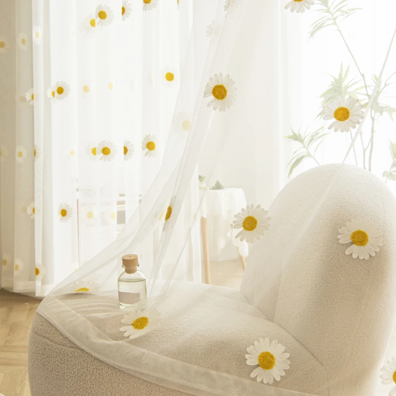 

Field Yellow Daisy Embroidery White Transparent Sheer Tulle Yarn Curtain for Bedroom,Living Room,Kitchen,Modern Home Decoration