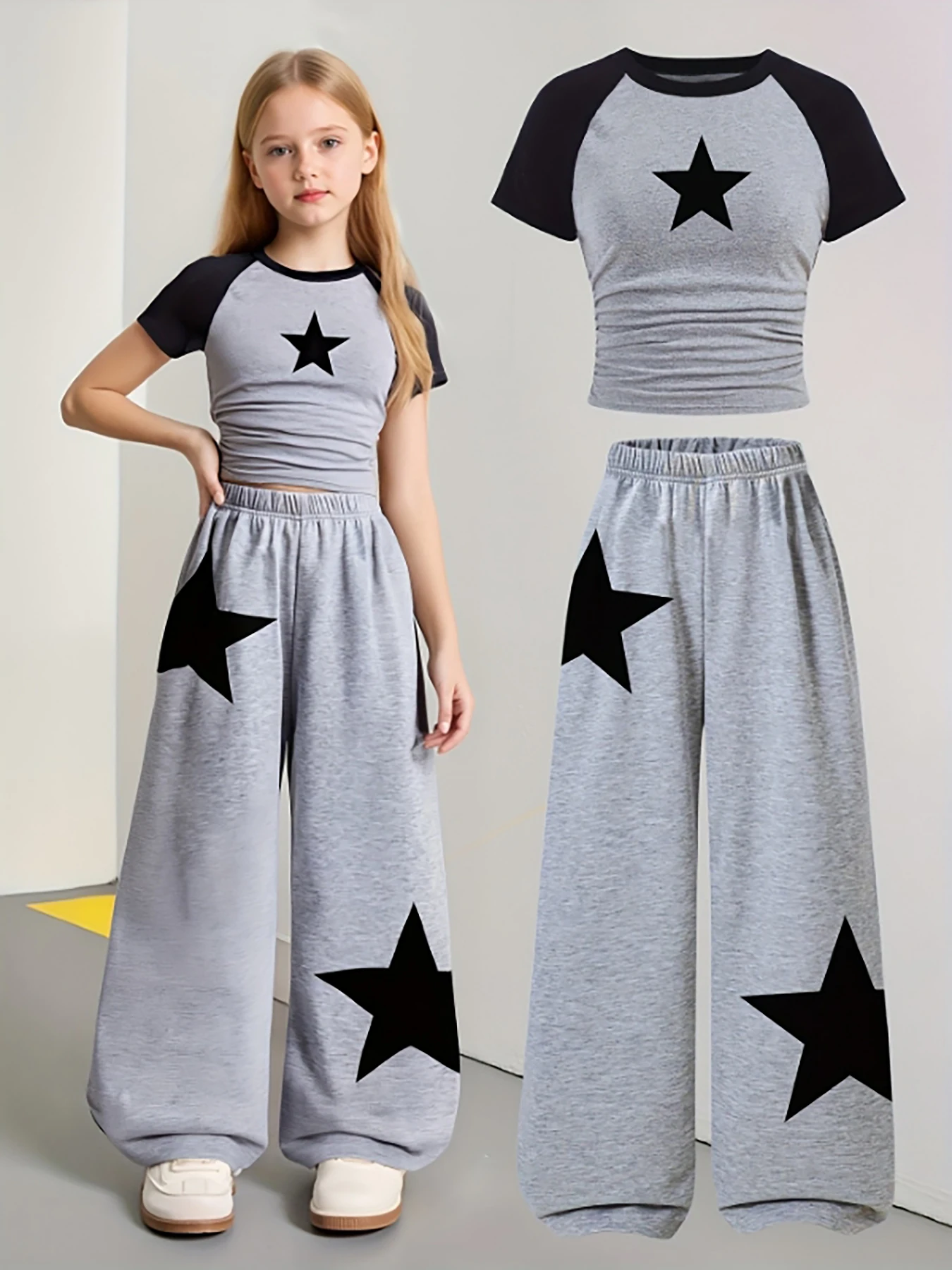 Trendy Items for Girls, Girls' Clothing, 2-Piece Girls' Outfit, Back-To-School Clothing, Star Pattern, Gray Wide-Leg Sweatpants, American Football, Volleyball, Thanksgiving, Halloween Outfits, Christmas Sweatpants, Suitable for Spring and Summer