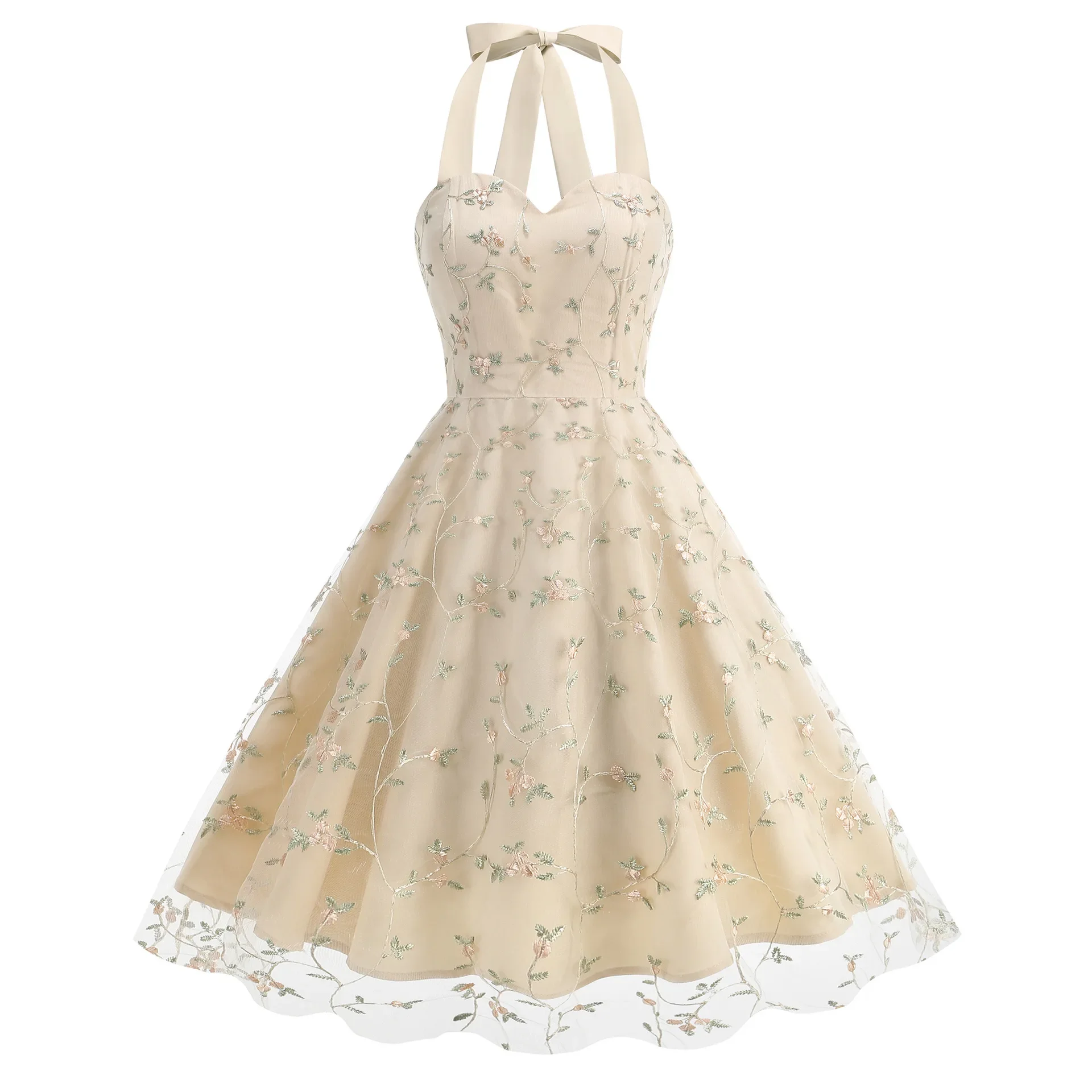 Sweetheart Hals Halter Vintage Jurk Sexy Borduren Bloemen Avond Vintage Feestjurken Vrouwen Mesh Overlay Prom Backless Jurk