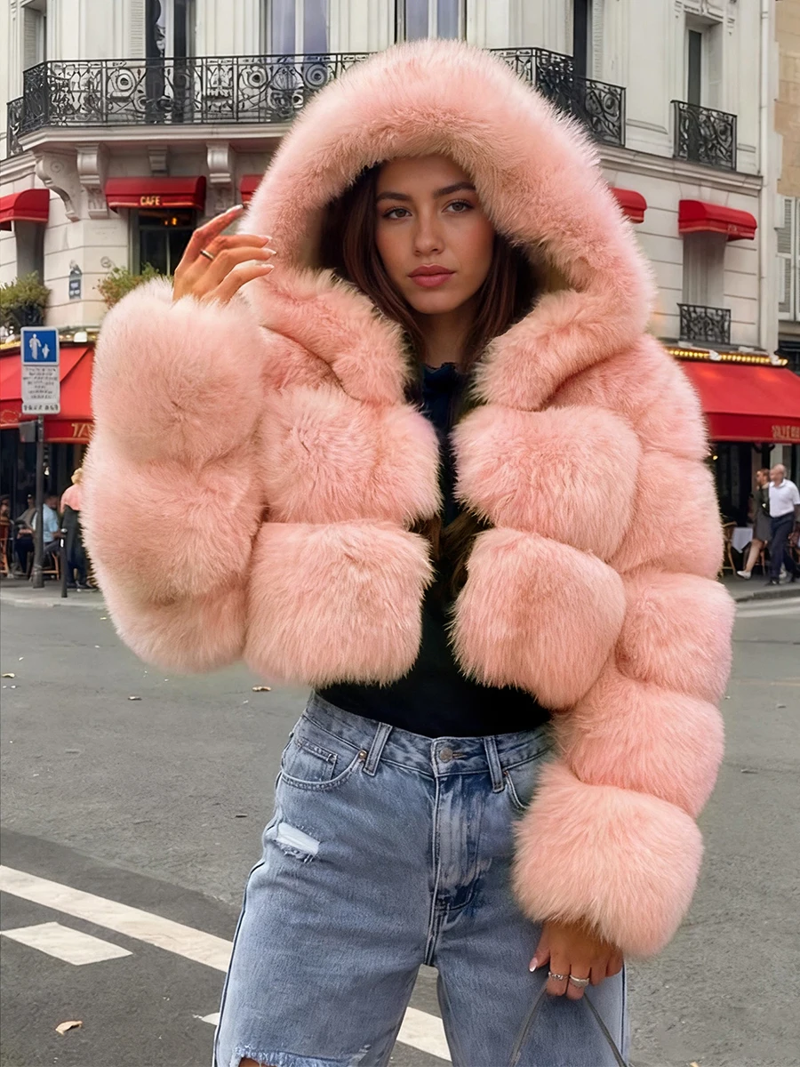 

Thick Warm Quilted Fur Cropped Coat 2025 Women Fashion Winter Faux Fur Jacket with Hood New in Outerwear Flurry Short Jacket