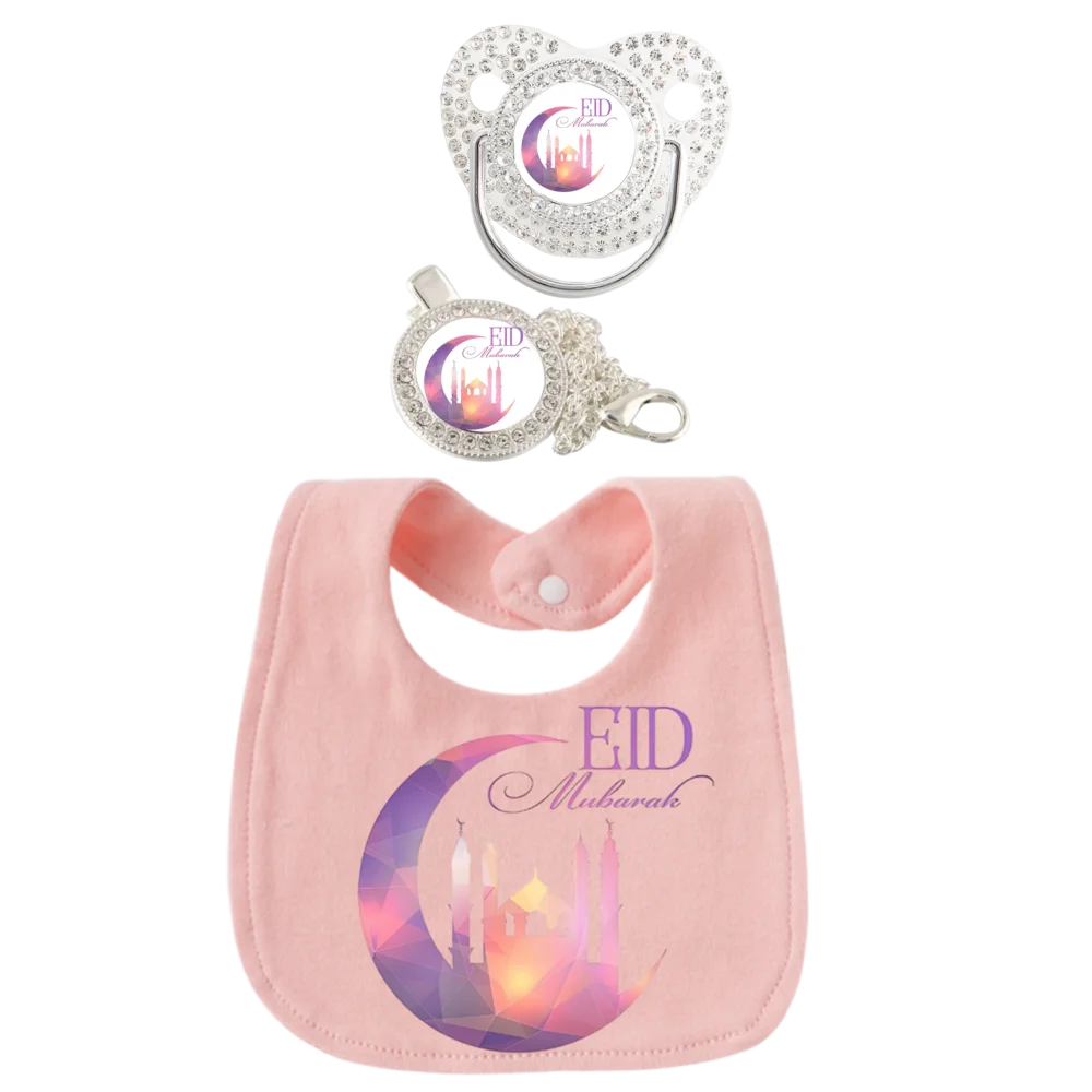 Eid Mubarak Muslim Print Newborn Pacifier with Chain Clip Toddler Drool Bib 3Pcs Set Islamic Soother Dummy Silicone Orthodontic