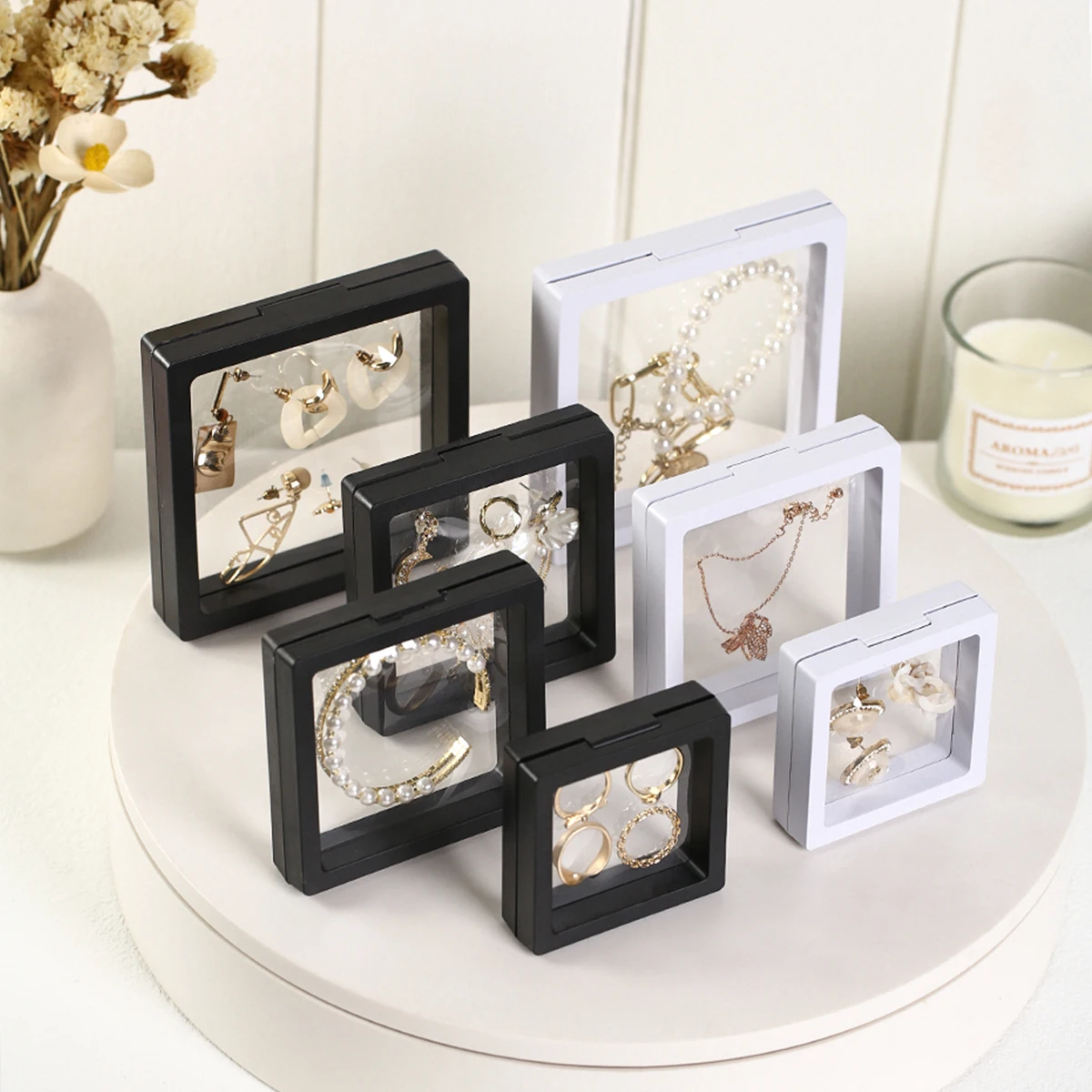 

10pcs Black/White Transparent PE Film Jewelry Storage Box 3D Ring Earring Sorting Box Store Dressing Table Display Stand