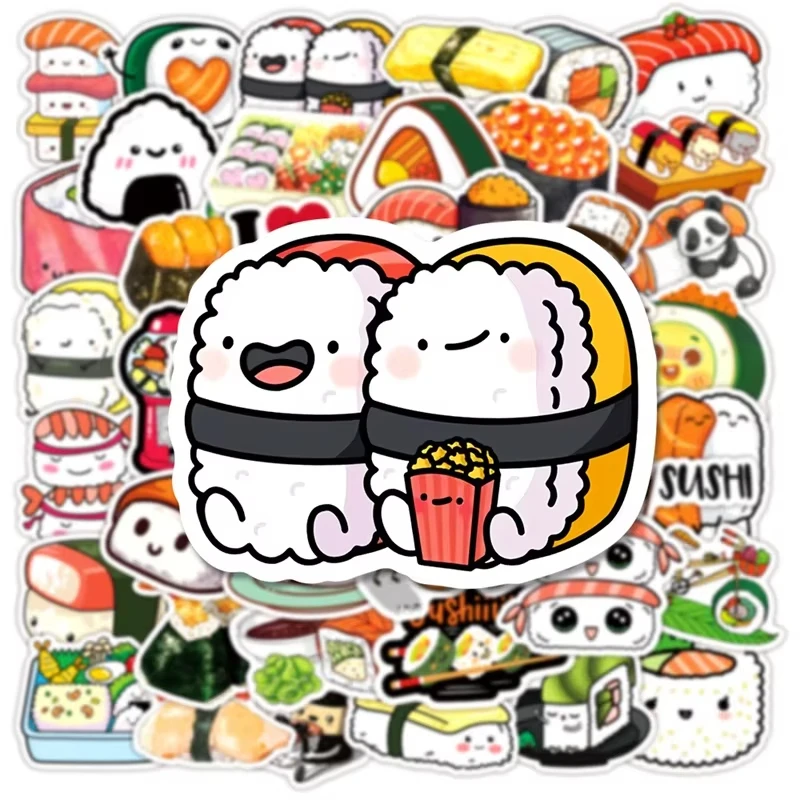 50PCS Sushi Doodle Sticker Cute Cartoon Originality PVC  Aesthetic Sticky Kids Stationery Supplies Scrapbooking Decorative Toy