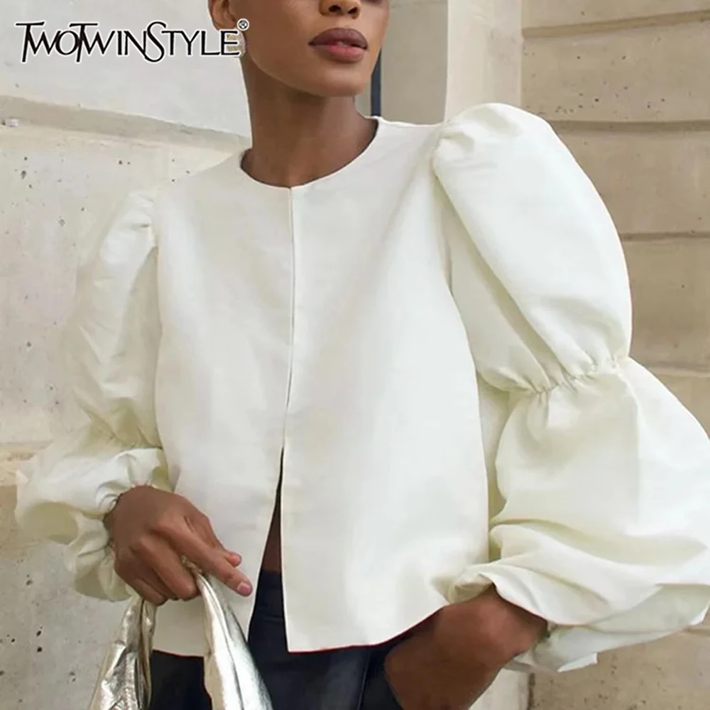 

TWOTWINSTYLE Solid Loose Minimalist Blouses for Women O Neck Long Sleeve Spliced Zipper Shirt Female Fashion Style New