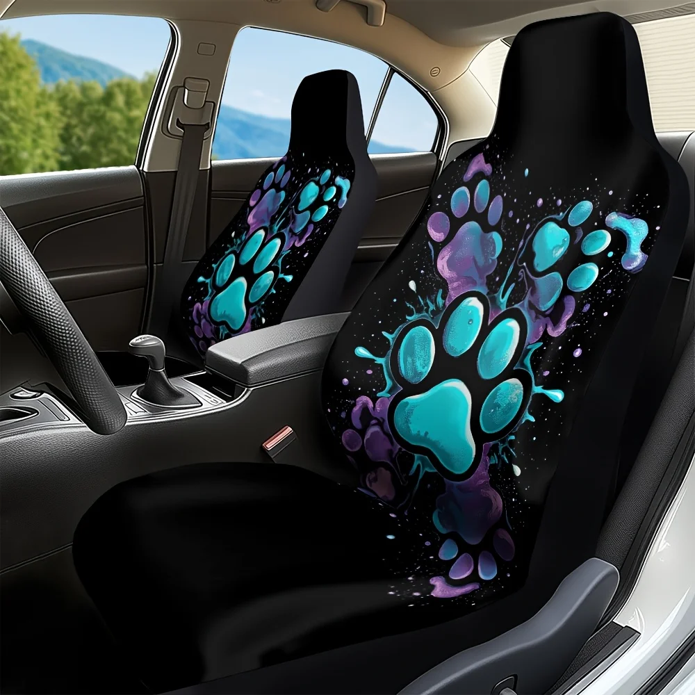 Set Of 2, Brightly Colored Animal Paw Print Car Seat Covers, Comfortable And Collapsible, Fits Most Front Seats, Perfect For Enh