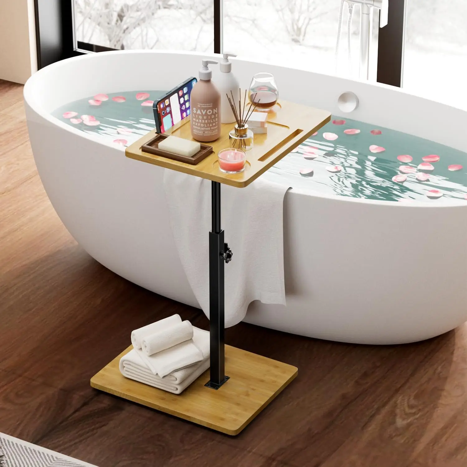 Bamboo C Table End Table, Height Adjustable 360°Swivel TV Tray for Couch, Snack Side Tables with Phone＆Tablet Slot for Bathtub