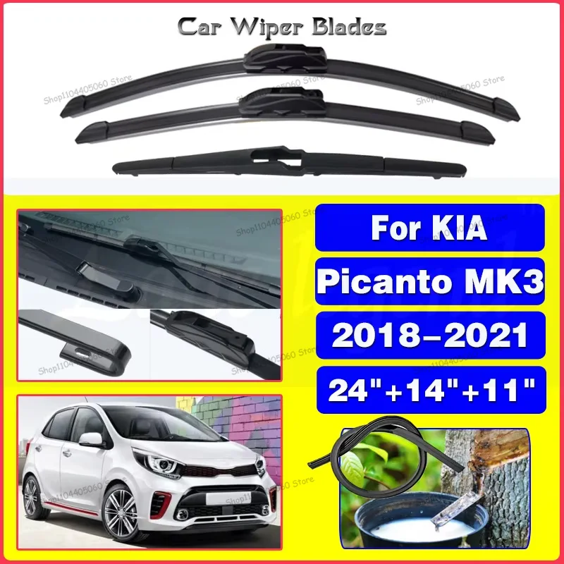 

For Kia Picanto MK3 2018-2021 Front Rear Wiper Blades Brushes Cutter Accessories J Hook 2018 2019 2020 2021 24"+14"+11"