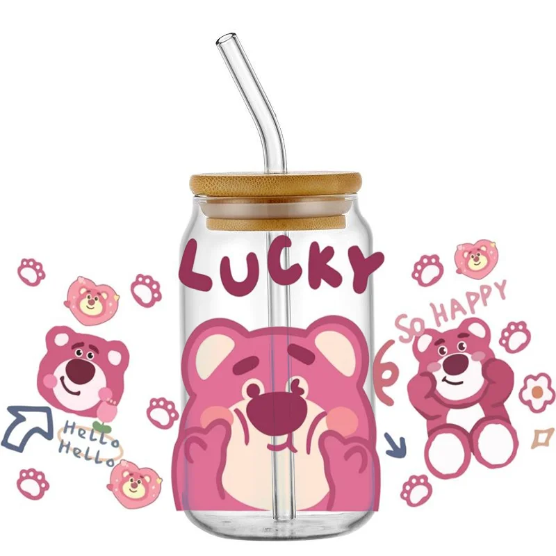 Miniso Cartoon Lucky Strawberry Bear 16OZ UV DTF Cup Wraps For Glass Libbey Can Bottle Selfadhesive Washable DIY Custom