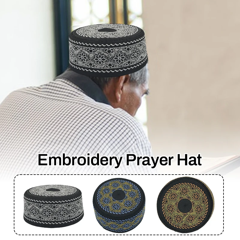 Men Islamic Prayer Hat Hijabs Turkish Caps Flat Top Hat Embroidery Flower Arabian Hats Southeast Asian Muslim Worship Cap