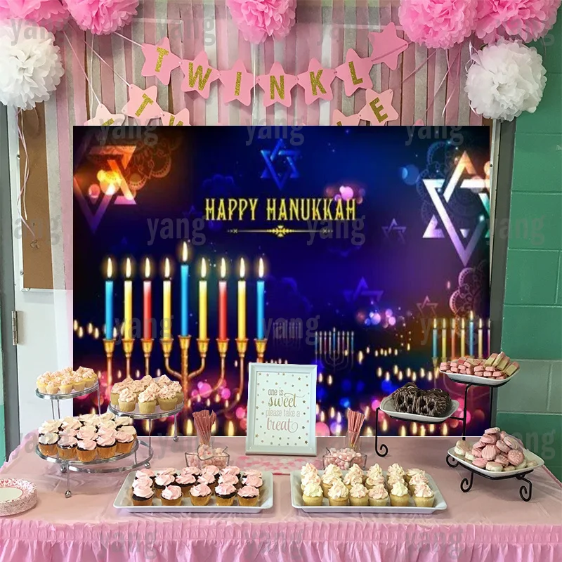 Glitter Blue Background Happy Hanukkah Jewish Party Colorful Candle And Dots Cartoon Bedroom Decor Decoration Backdrop Wall