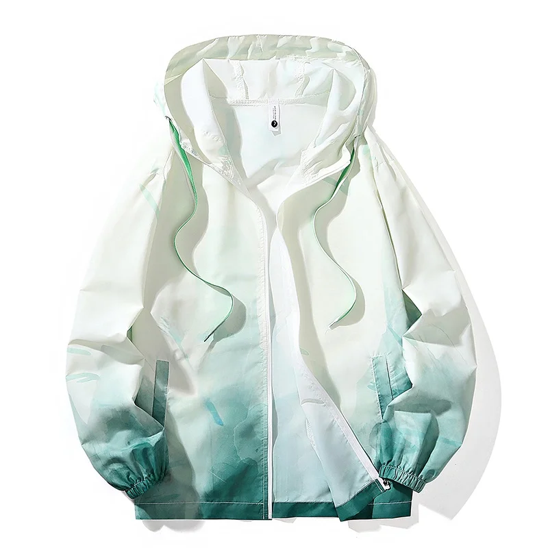 Summer 2024 Men's Loose Fit Sun Protection Jacket Thin Water-Based Ink Design Youth Trendy Outerwear Casual Hooded Coat