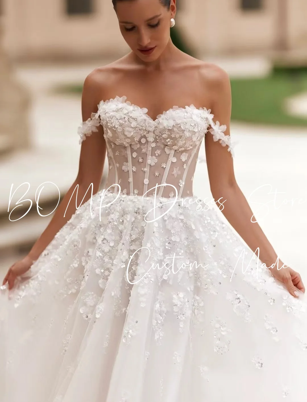 BOMP فستان زفاف أنيق مزين على شكل قلب بدون أكتاف ذيل ملكي عاجي تول فستان زفاف كلاسيكي مخصص رداء de mariée