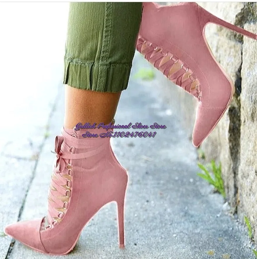 

ALMUDENA Women Pink Black Suede Ankle Boots Thin High Heels Pointed Toe Lace-Up Booties Elegant Evening Banquet Shoes