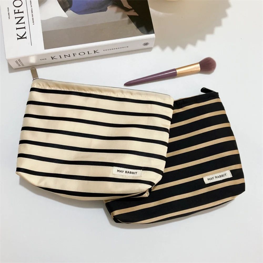 Women Satin Striped Makeup Bag Large Capacity Cosmetic Storage Bag Travel Portable Toiletries Organizer Leisure Ladies Clutch