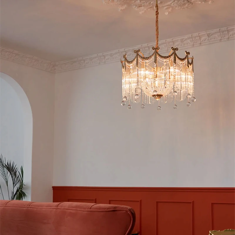 

French Light Luxury Romantic Senior Sense Chandeliers, Full Brass Bow Creative Design Crystal Lamp, Villa Living Room Lighting
