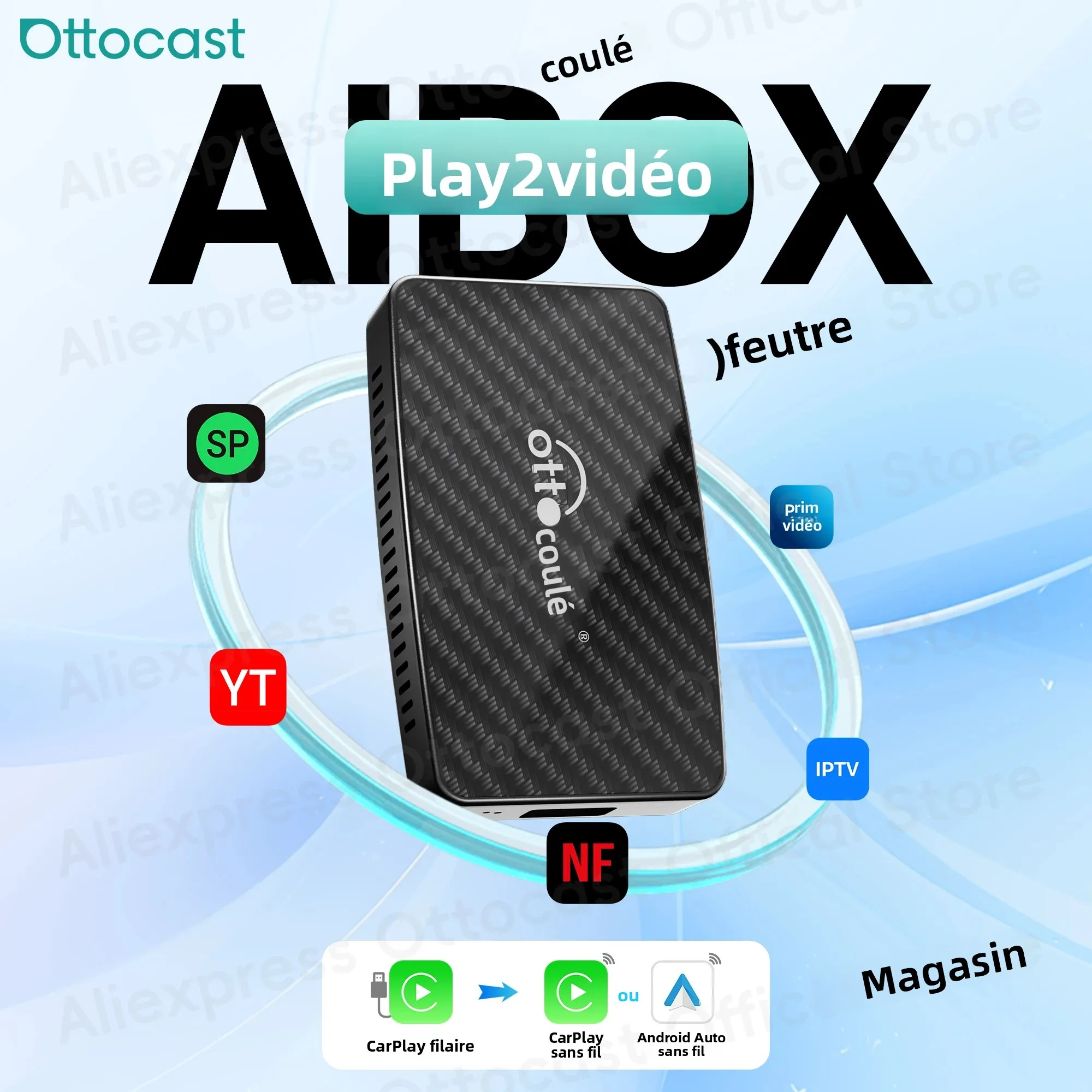 OTTOCAST Play2Video AI Box pour Youtube Netflix sans fil CarPlay Android Auto adaptateur accessoires de voiture pour Benz Toyota VW Kia Niss